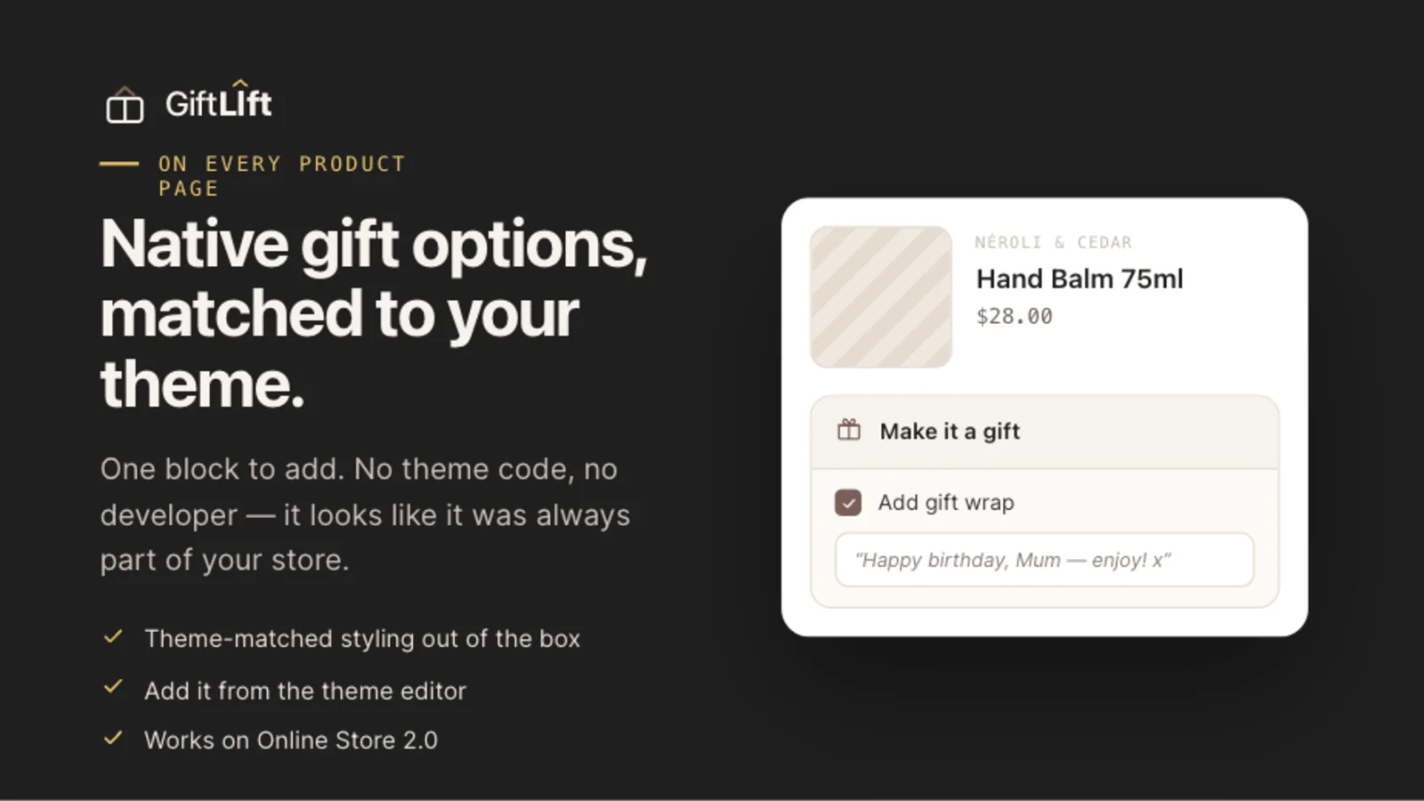 GiftLift "Make it a gift" block on a Shopify product page, matched to the store theme.
