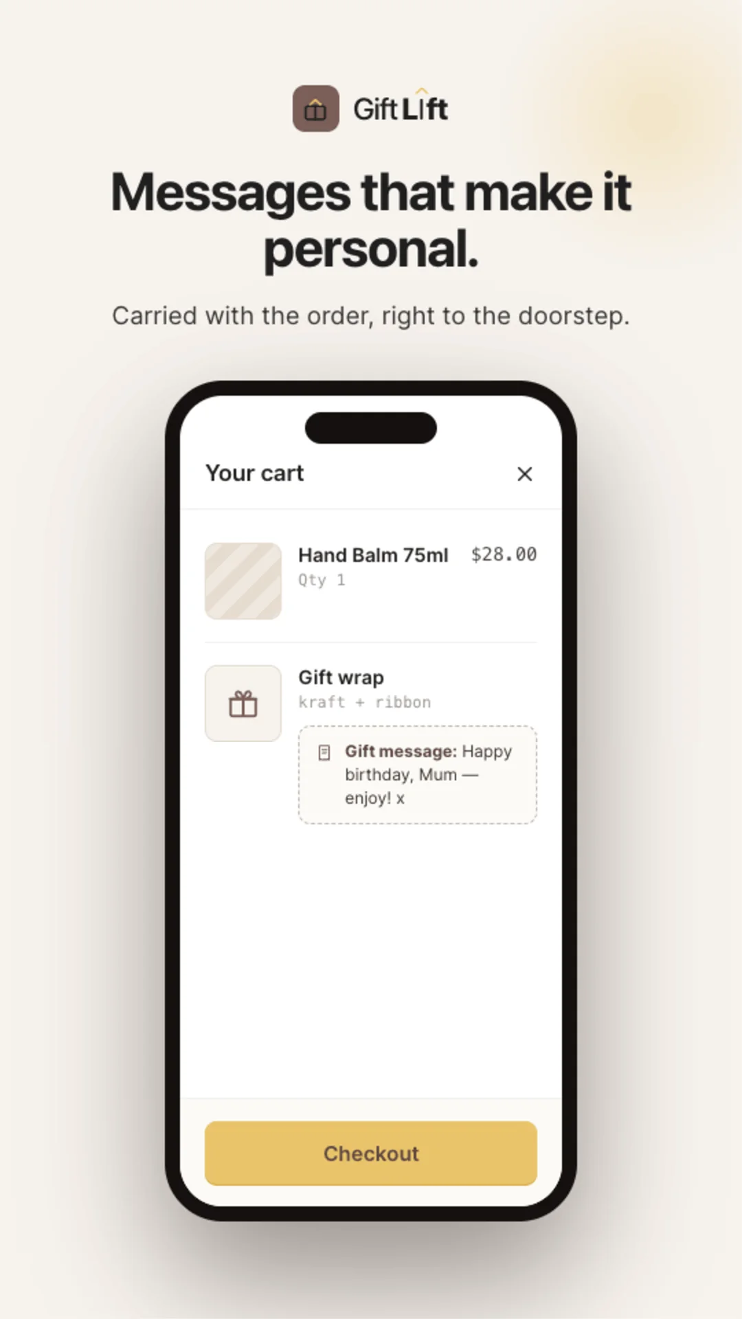 GiftLift gift wrap and message in a Shopify mobile cart, tied to the item — kraft + ribbon wrap with a personal note