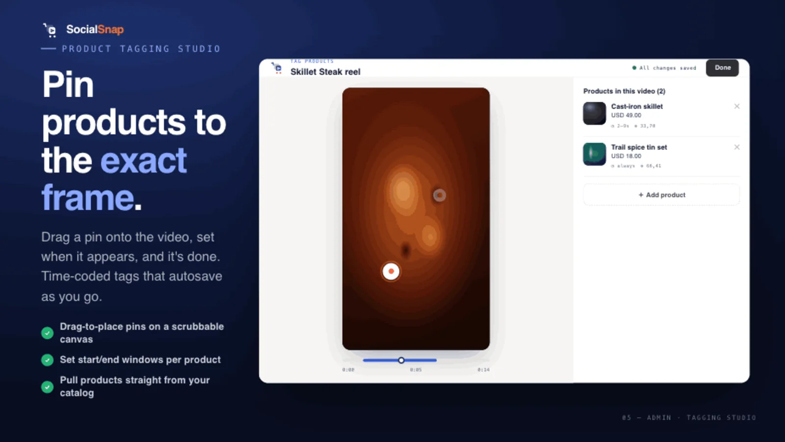 Tagging products inside a video — pin a product to the frame and pick its variant to make the clip shoppable