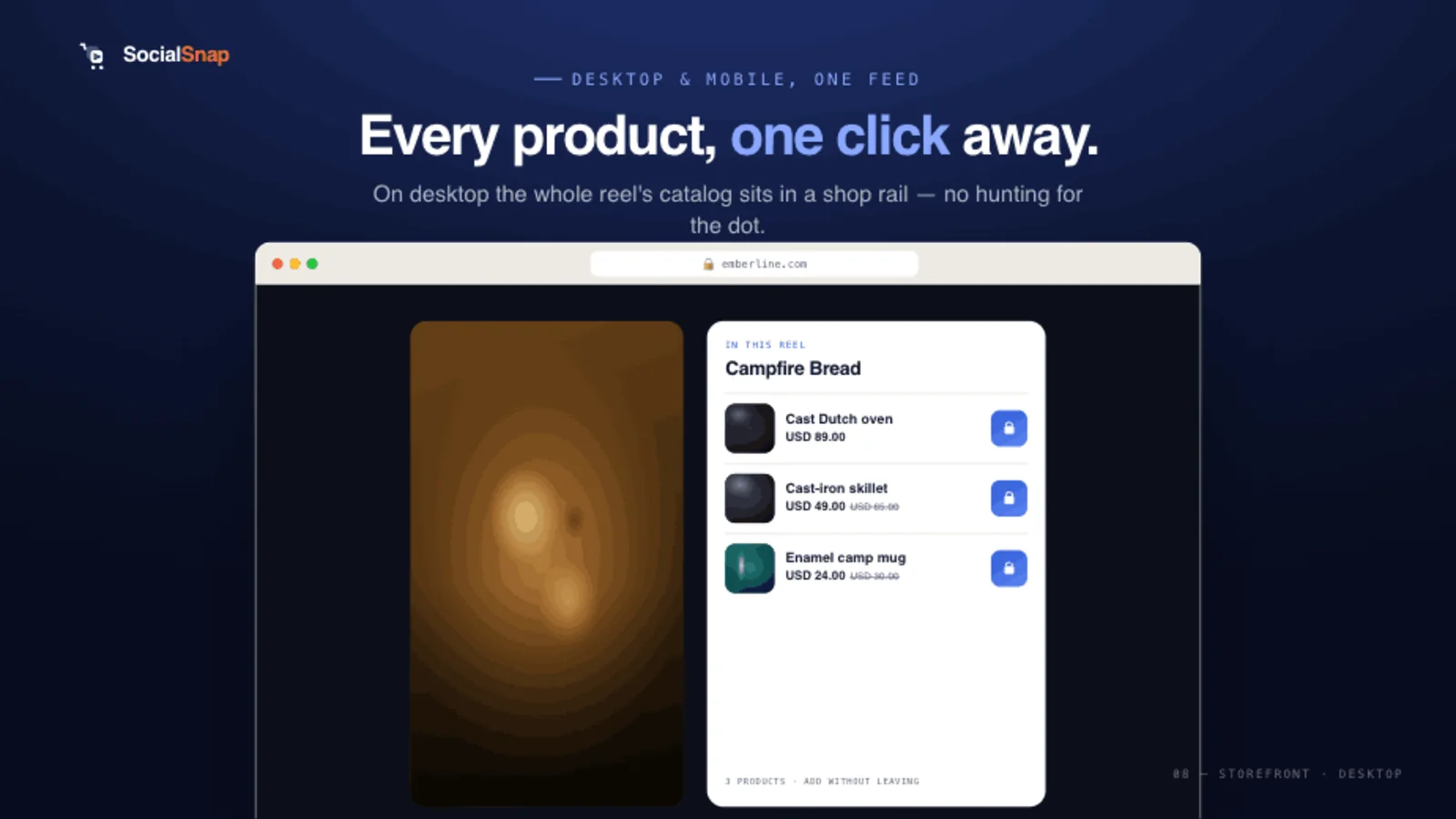 A desktop side-rail shoppable video viewer that lists tagged products beside the video