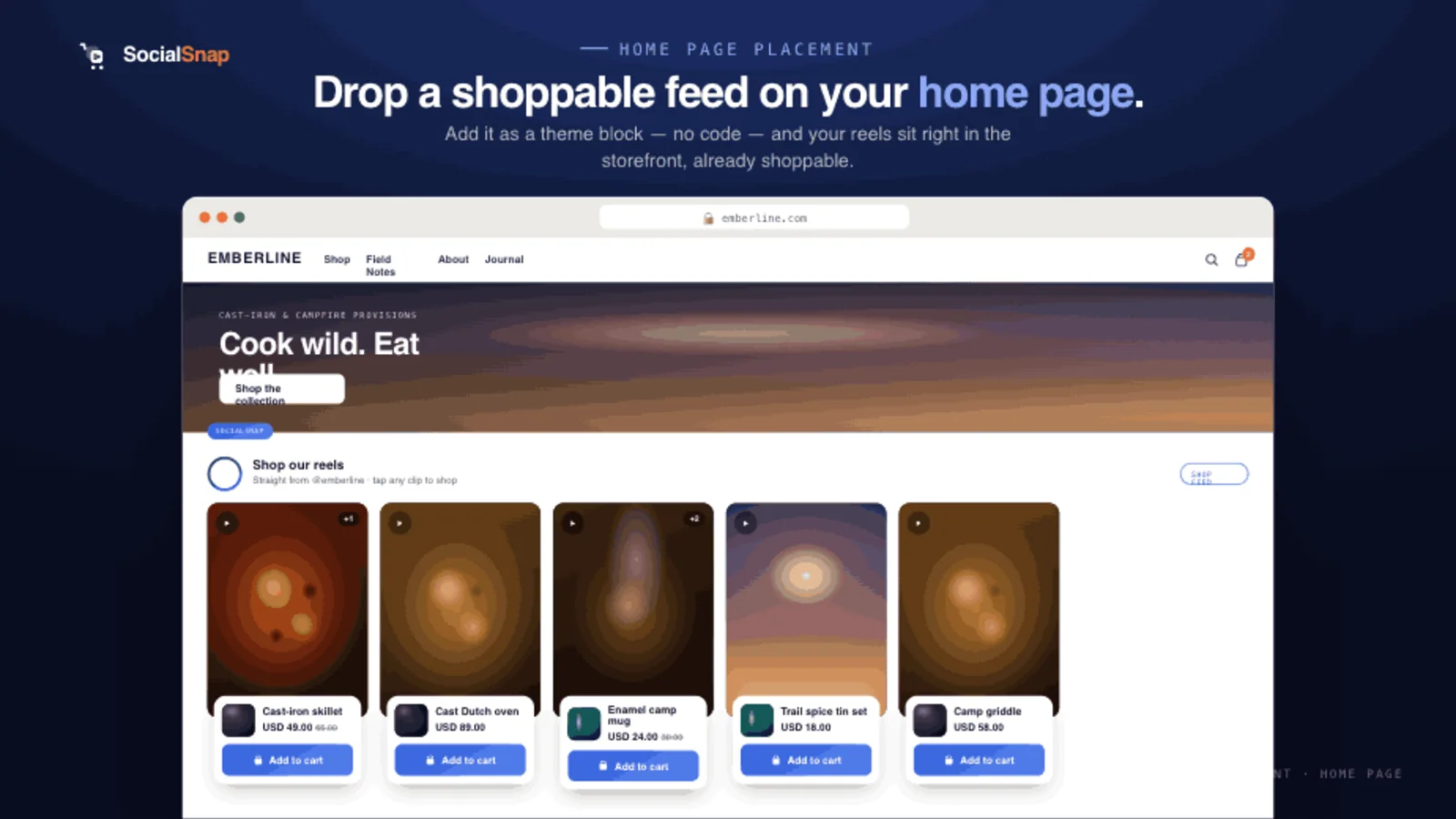 A shoppable video feed live on a Shopify home page