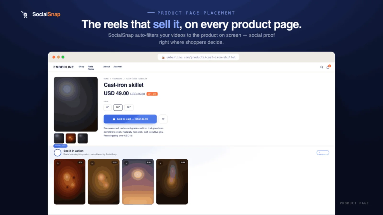 A shoppable video feed on a Shopify product page, auto-showing videos tagged with that product