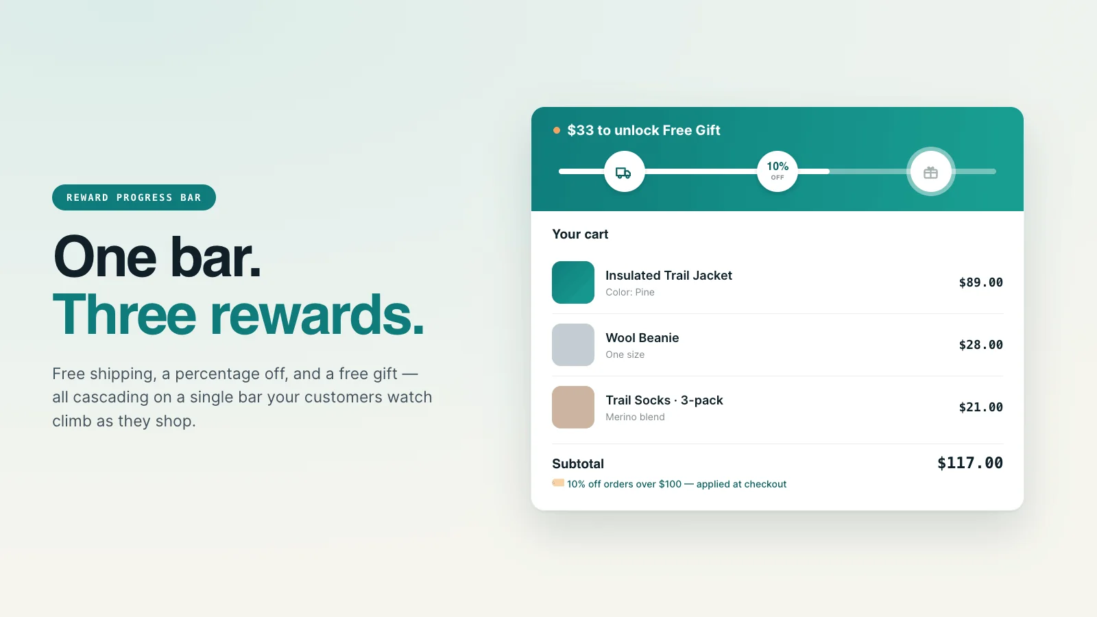 CartClimb reward bar with a self-adding free gift in a Shopify cart drawer.